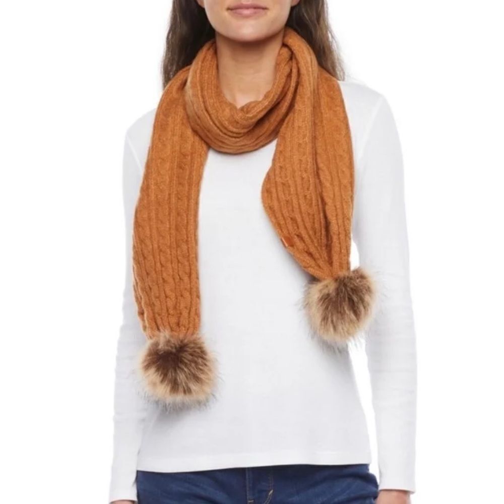 Frye & Co. Cable Knit Faux Fur Pom Pom Scarf in Orange Bark Rustic